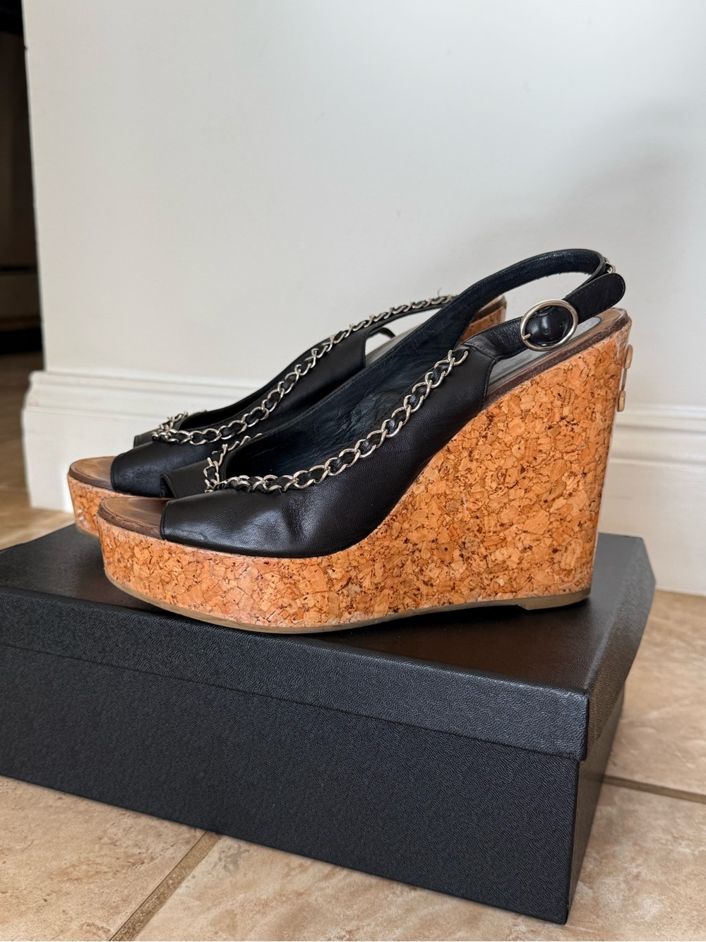 Chanel Black Leather Cork Wedge Slingback with Chain Detail